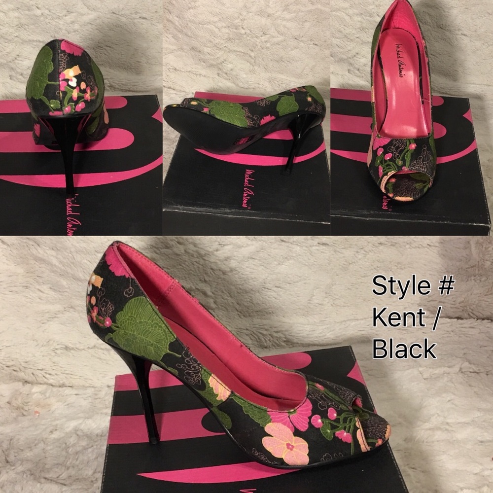 Black flower print heels